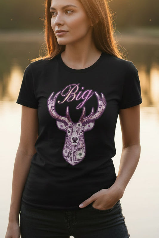 Pink Big Bucks funny money humor tee front view