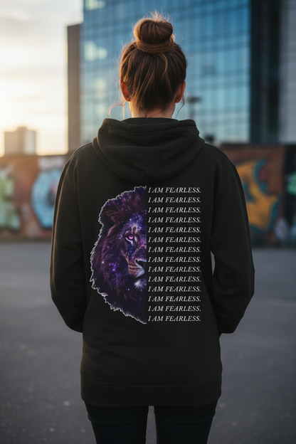 I Am Fearless Lion Three-Panel Fleece Hoodie – Bold Empowerment Hoodie