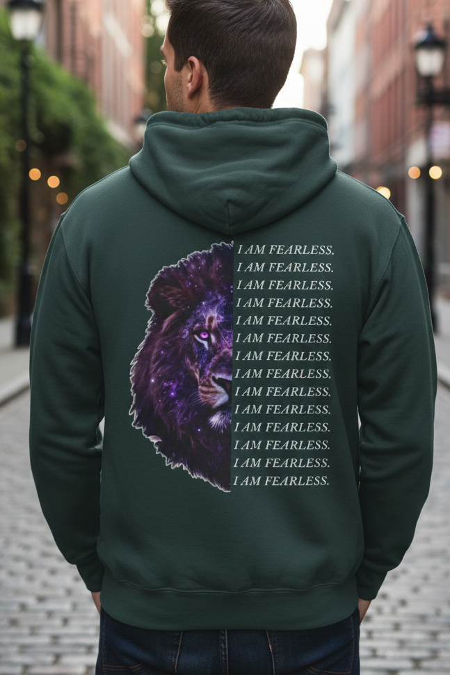 I Am Fearless Lion Three-Panel Fleece Hoodie – Bold Empowerment Hoodie