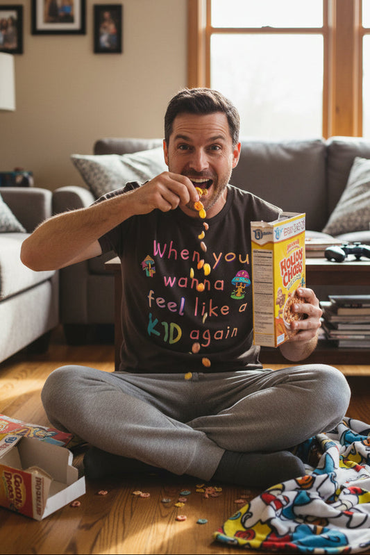 A dark brown short-sleeve t-shirt with a colorful graphic text print that reads 'When you wanna feel like a KID again' in pastel rainbow colors, accompanied by two small cartoon figures, shown on a plain white background.