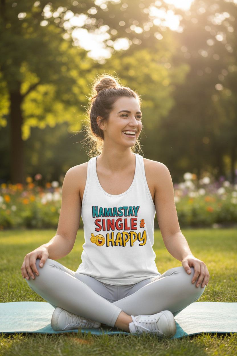 namastay single and happy Racerback Tank