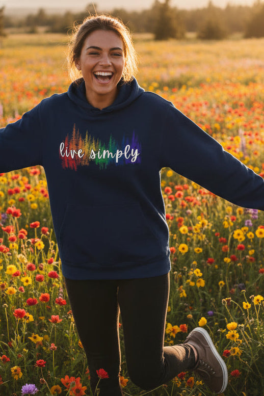Live Simply hoodie worn outdoors, cozy fleece hoodie