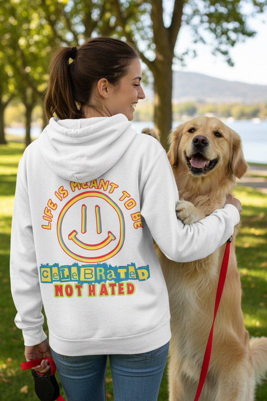 Life Was Meant to Be Celebrated hoodie worn outdoors
